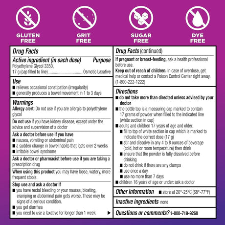 Tabla nutricional del suplemento Amazon Basic Care ClearLax Polietilenglicol 3350 765 g