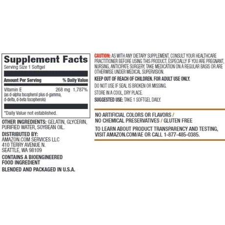 Tabla nutricional del suplemento Amazon Elements Vitamina E 100 cápsulas blandas