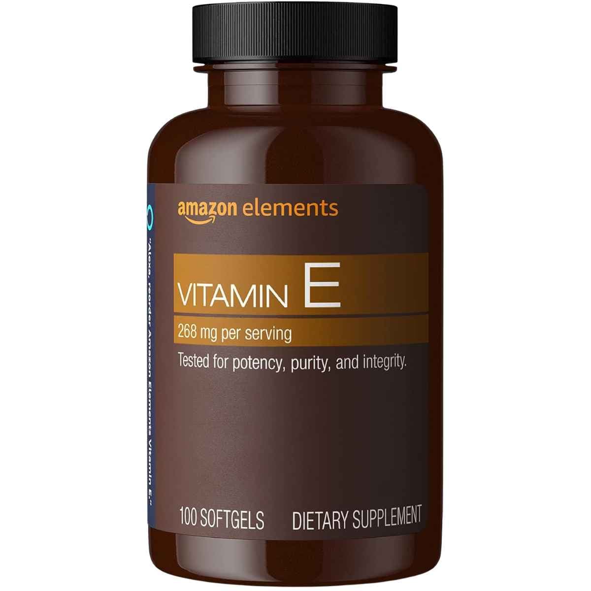 Frasco de suplemento Amazon Elements Vitamina E 100 cápsulas blandas