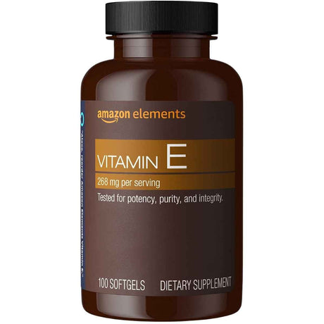 Frasco de suplemento Amazon Elements Vitamina E 100 cápsulas blandas