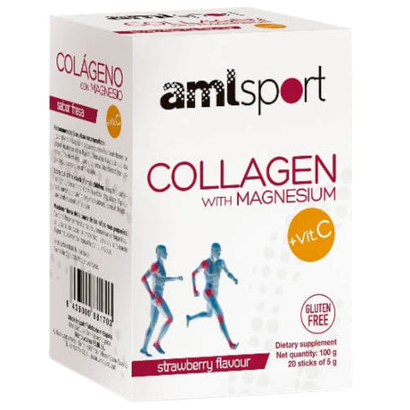 Caja frontal de Amlsport colágeno con magnesio y vitamina C sabor fresa, 20 sobres