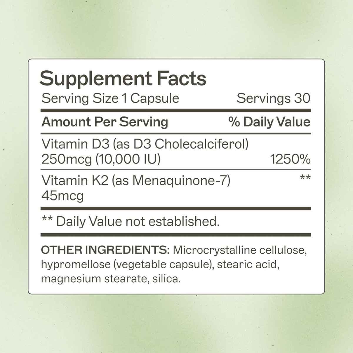 Tabla nutricional del suplemento Amy Myers MD Vitamina D3 y K2 10000 UI 30 cápsulas