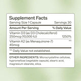 Tabla nutricional del suplemento Amy Myers MD Vitamina D3 y K2 10000 UI 30 cápsulas