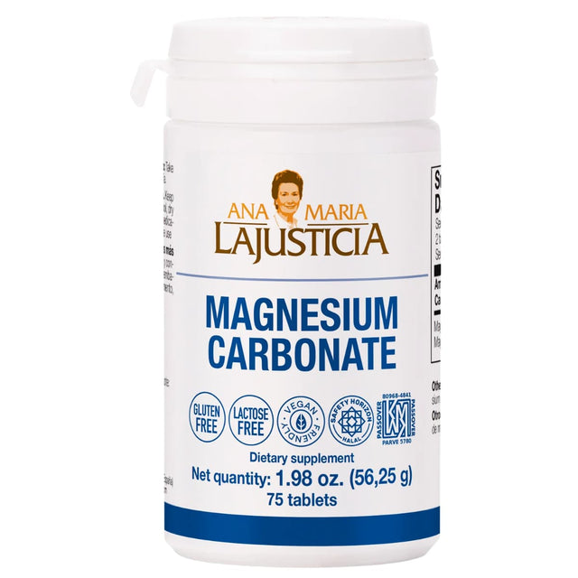 Frasco frontal de Ana María Lajusticia carbonato de magnesio 75 tabletas.