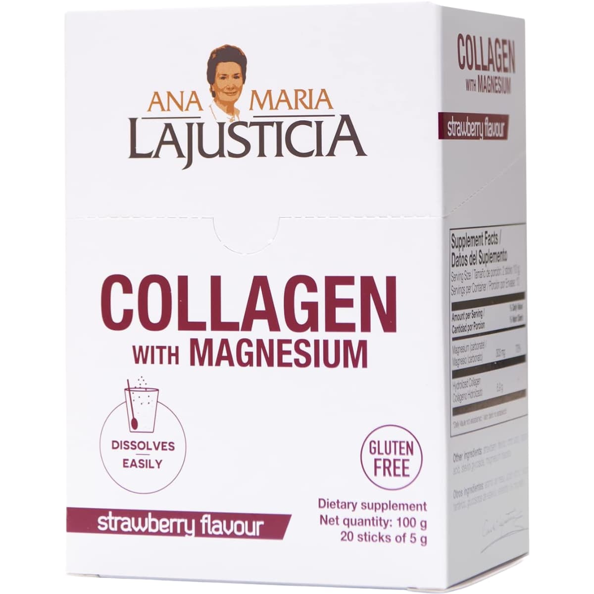 Caja frontal de Ana María Lajusticia colágeno con magnesio en sobres sabor fresa, 20 sobres
