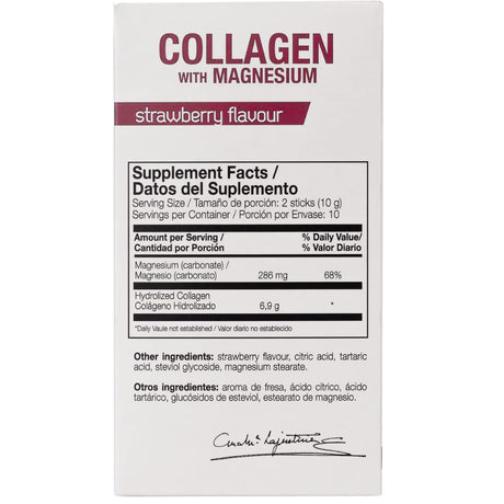 Información del suplemento de Ana María Lajusticia colágeno con magnesio en sobres sabor fresa, con 6,9 g de colágeno y 286 mg de magnesio por porción