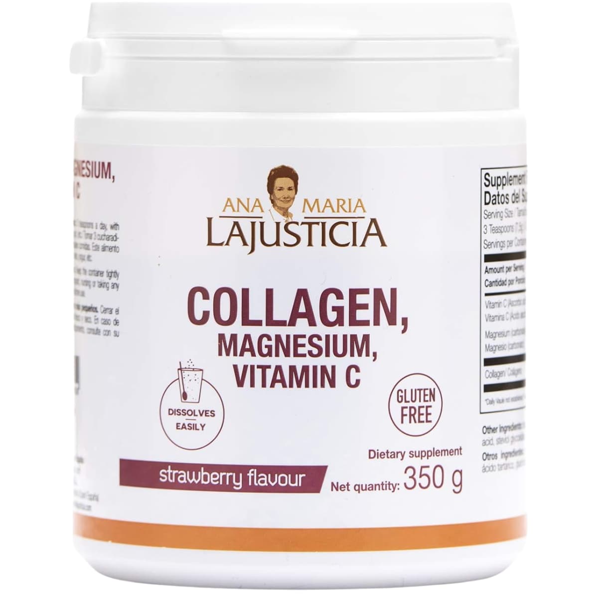 Frasco frontal de Ana María Lajusticia colágeno con magnesio y vitamina C sabor fresa, 350 g