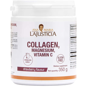 Frasco frontal de Ana María Lajusticia colágeno con magnesio y vitamina C sabor fresa, 350 g