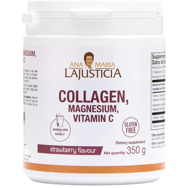 Frasco frontal de Ana María Lajusticia colágeno con magnesio y vitamina C sabor fresa, 350 g