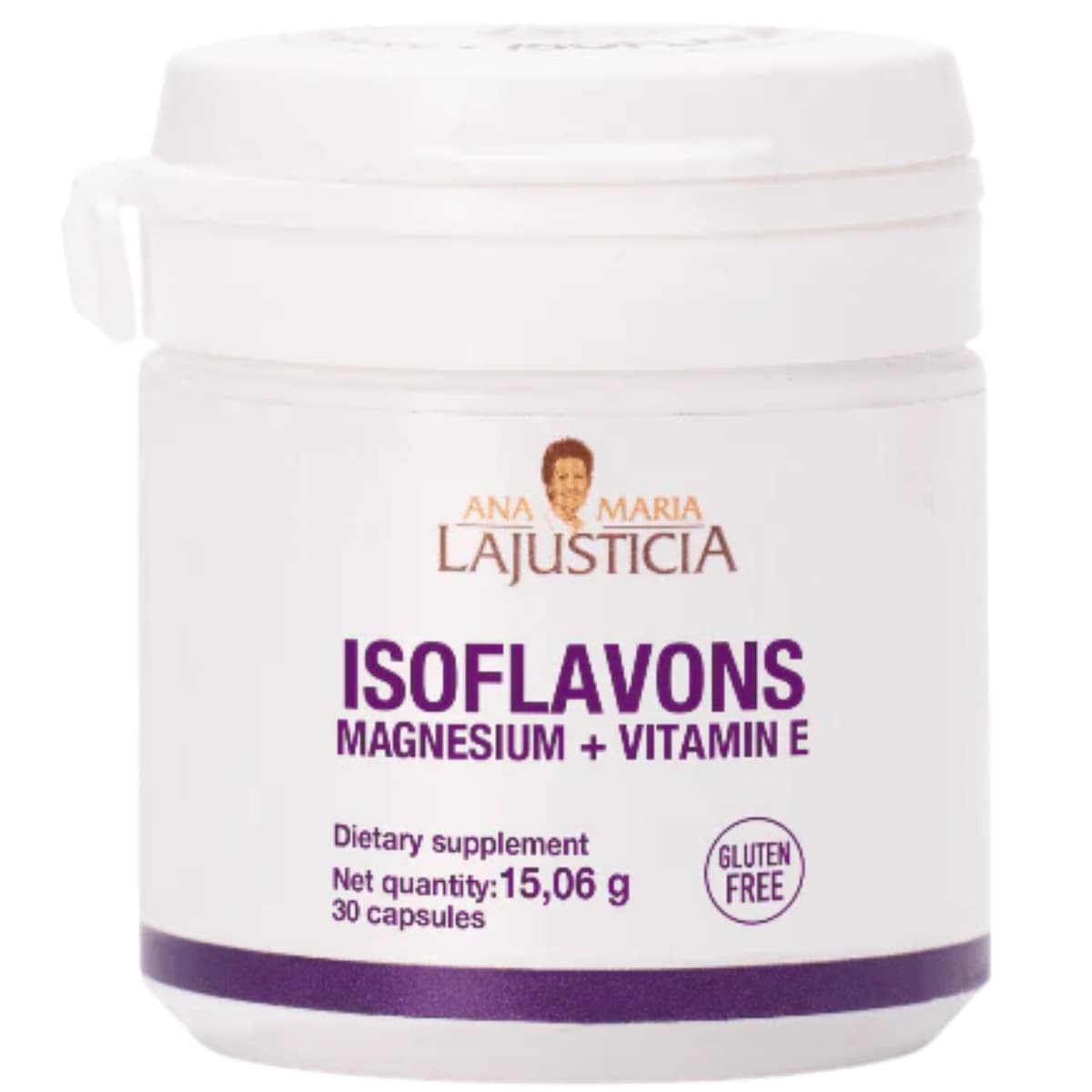 Frasco frontal de Ana María Lajusticia isoflavonas con magnesio y vitamina E, 30 cápsulas