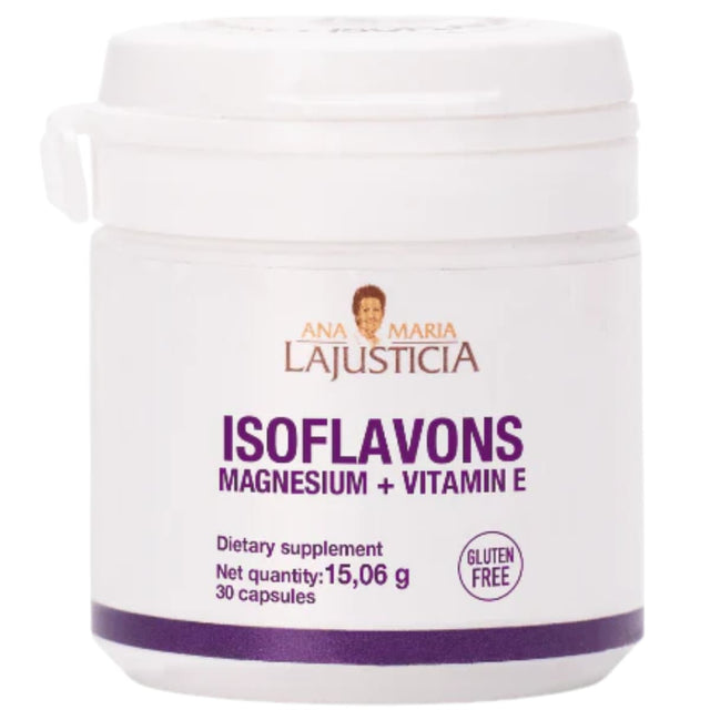 Frasco frontal de Ana María Lajusticia isoflavonas con magnesio y vitamina E, 30 cápsulas