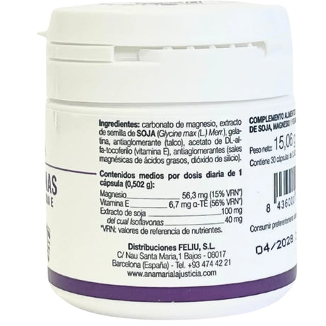 Información del suplemento de Ana María Lajusticia isoflavonas con magnesio y vitamina E, con 40 mg de isoflavonas y 56,3 mg de magnesio por cápsula