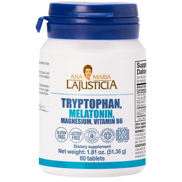 Frasco frontal de Ana María Lajusticia triptófano con melatonina, magnesio y vitamina B6, 60 tabletas