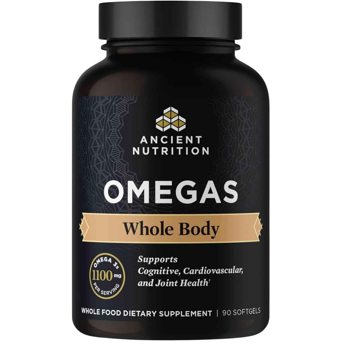 Frasco de Ancient Nutrition Ancient Omegas Whole Body, presentación de 90 cápsulas blandas