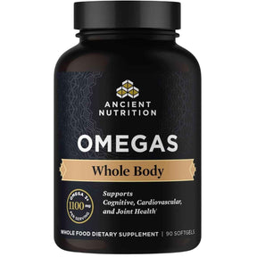 Frasco de Ancient Nutrition Ancient Omegas Whole Body, presentación de 90 cápsulas blandas