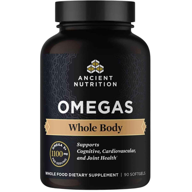 Frasco de Ancient Nutrition Ancient Omegas Whole Body, presentación de 90 cápsulas blandas