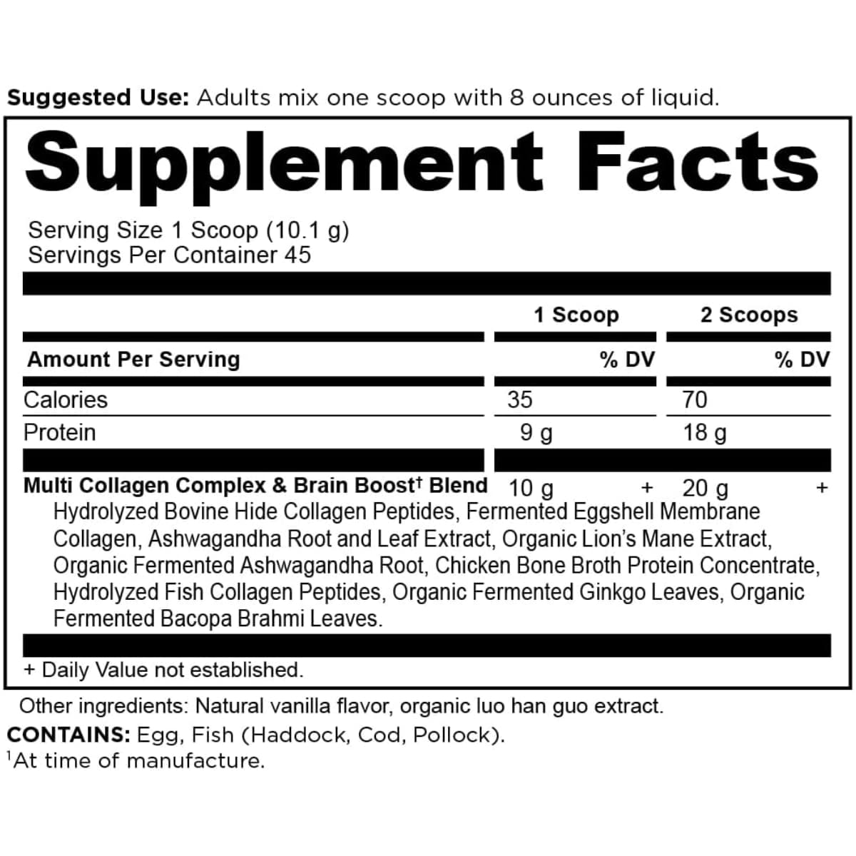 Tabla nutricional del suplemento Ancient Nutrition Colágeno Brain Boost Vainilla 1 lb