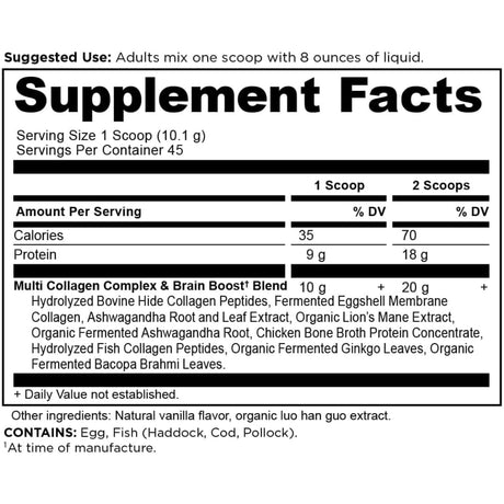 Tabla nutricional del suplemento Ancient Nutrition Colágeno Brain Boost Vainilla 1 lb