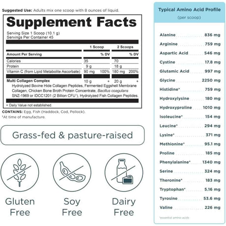 Tabla nutricional del suplemento Ancient Nutrition Multi Collagen Protein 1 lb