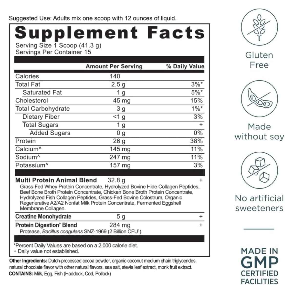 Tabla nutricional de Ancient Nutrition Multi Protein + Creatine sabor chocolate.