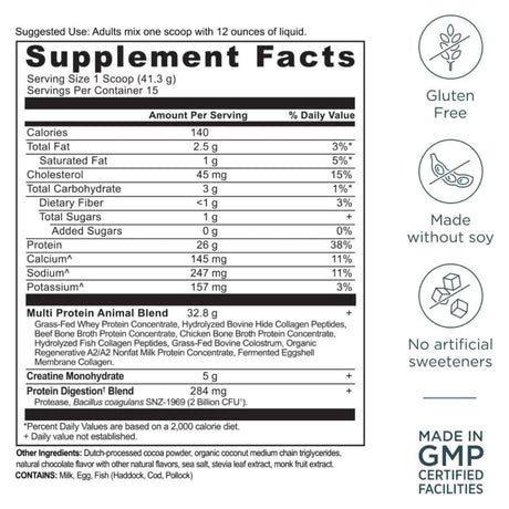 Tabla nutricional de Ancient Nutrition Multi Protein + Creatine sabor chocolate.