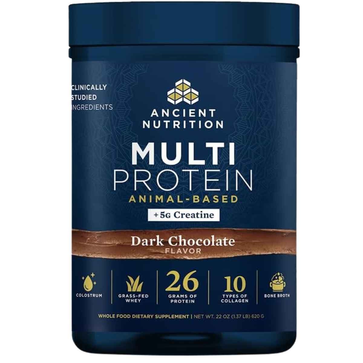 Bote de proteína Ancient Nutrition Multi Protein con creatina sabor chocolate de 620 gramos.