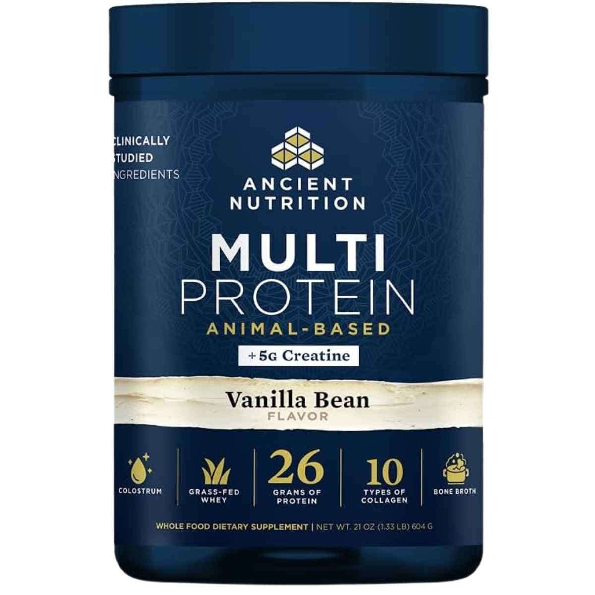 Bote de proteína Ancient Nutrition Multi Protein con creatina sabor vainilla de 604 gramos.