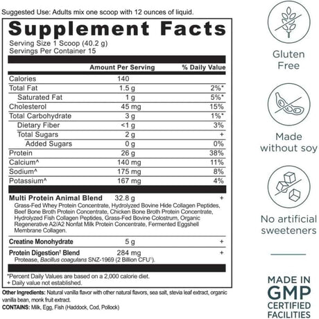 Tabla nutricional de Ancient Nutrition Multi Protein + Creatine sabor vainilla.