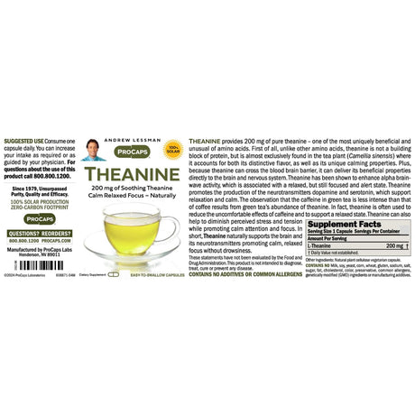Tabla nutricional del suplemento Andrew Lessman L-Teanina 200 mg 60 cápsulas 