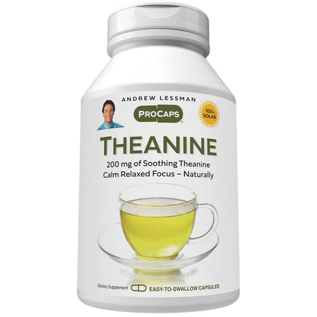 Frasco de suplemento Andrew Lessman L-Teanina 200 mg 60 cápsulas