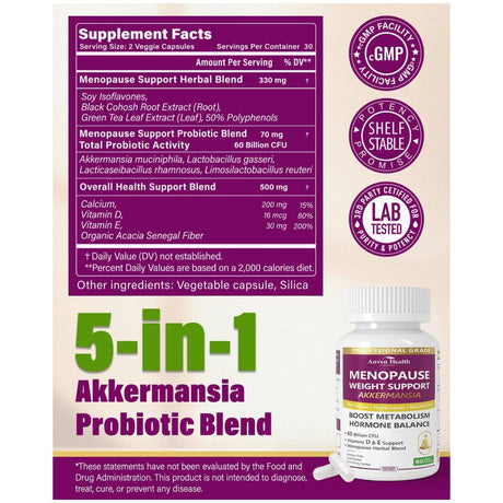 Etiqueta de Anven Health Probiótico Akkermansia con tabla del suplemento y mezcla probiótica