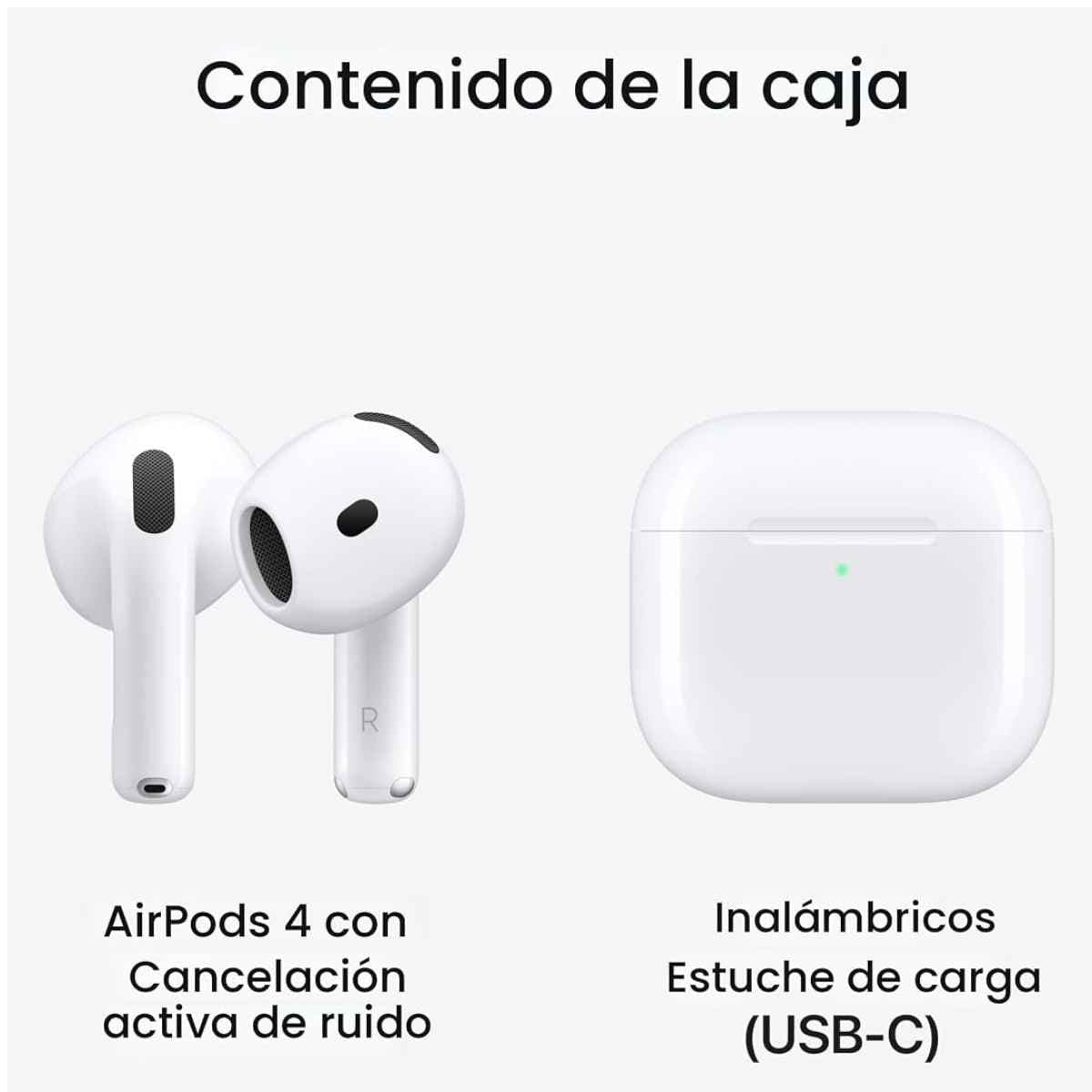 Contenido de la caja de Apple AirPods 4 con cancelación activa de ruido y estuche de carga USB-C