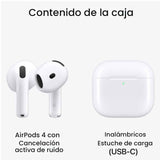Contenido de la caja de Apple AirPods 4 con cancelación activa de ruido y estuche de carga USB-C