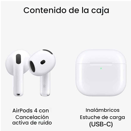 Contenido de la caja de Apple AirPods 4 con cancelación activa de ruido y estuche de carga USB-C