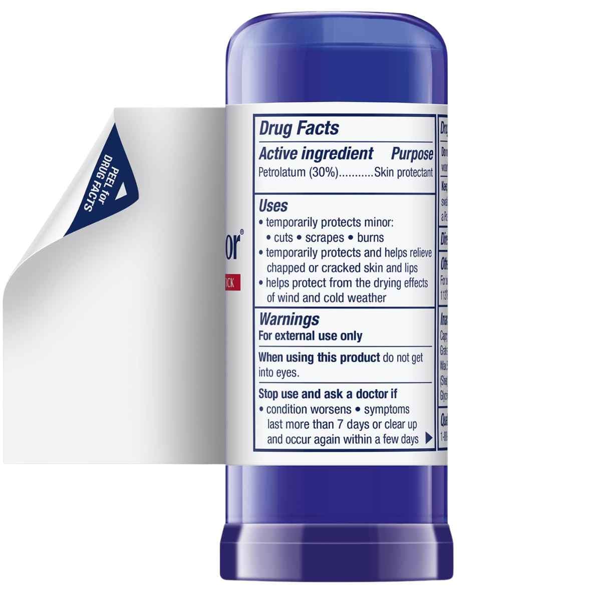 Etiqueta Drug Facts de Aquaphor bálsamo en barra con información de ingrediente activo y uso