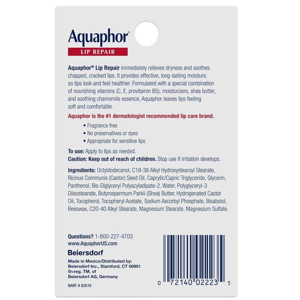 Etiqueta trasera de Aquaphor Lip Repair con lista de ingredientes e instrucciones de uso