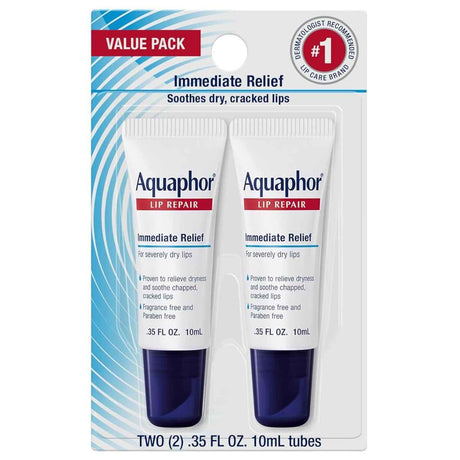 Envase de Aquaphor Lip Repair en paquete de 2 tubos de 10 ml cada uno