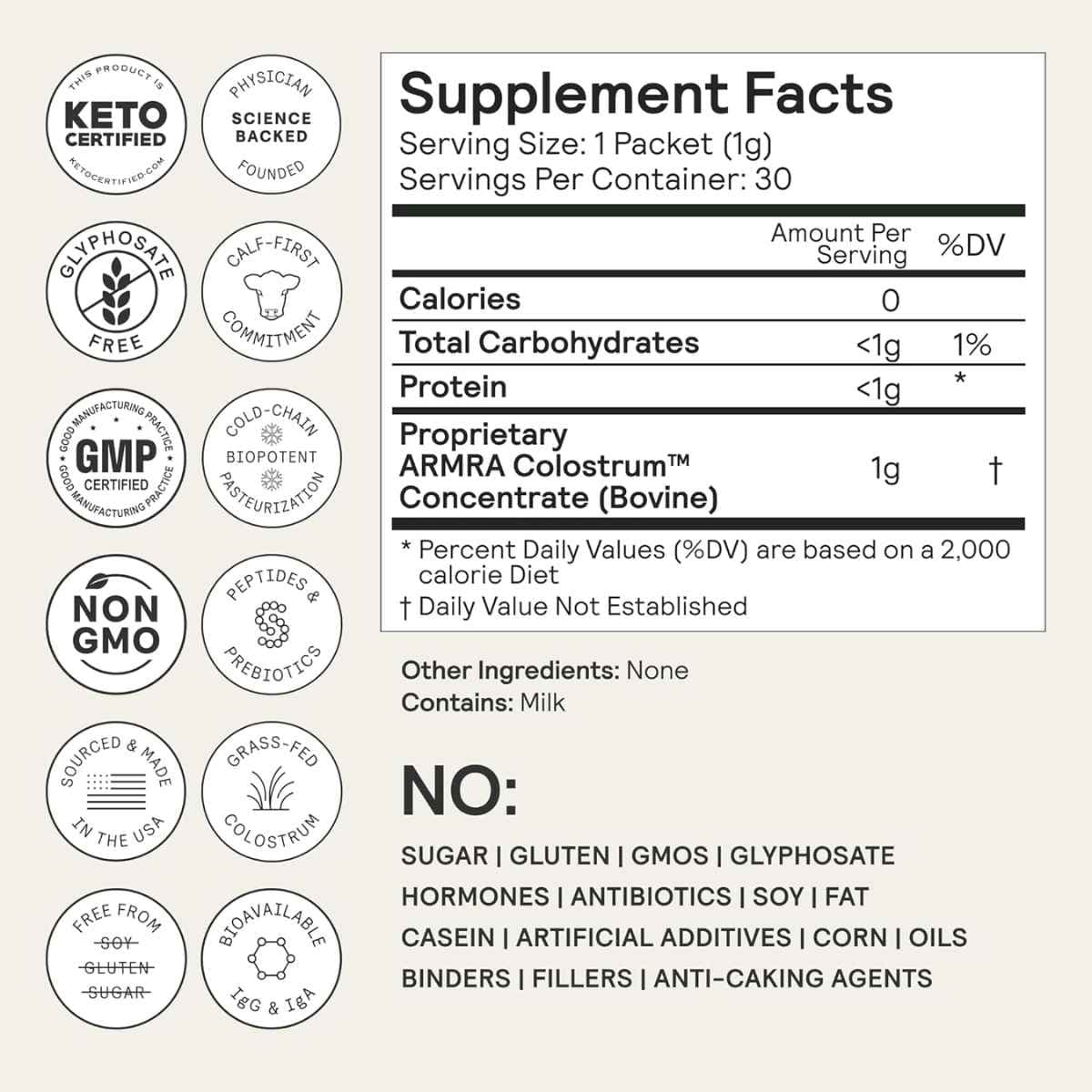 Tabla nutricional del suplemento ARMRA Calostro Bovino sin Sabor 30 Paquetes