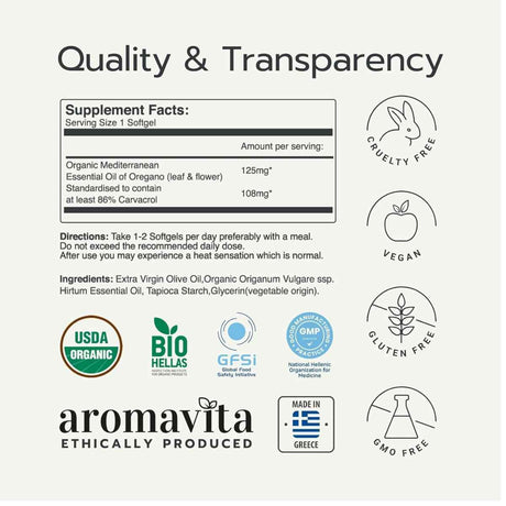 Tabla nutricional del suplemento Aromavita Aceite de Orégano 500 mg 60 cápsulas blandas