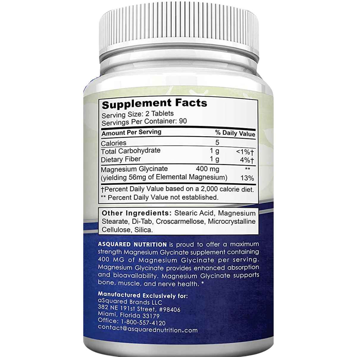Etiqueta Supplement Facts de aSquared Nutrition glicinato de magnesio 400 mg