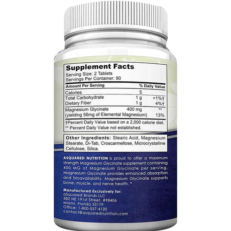 Etiqueta Supplement Facts de aSquared Nutrition glicinato de magnesio 400 mg