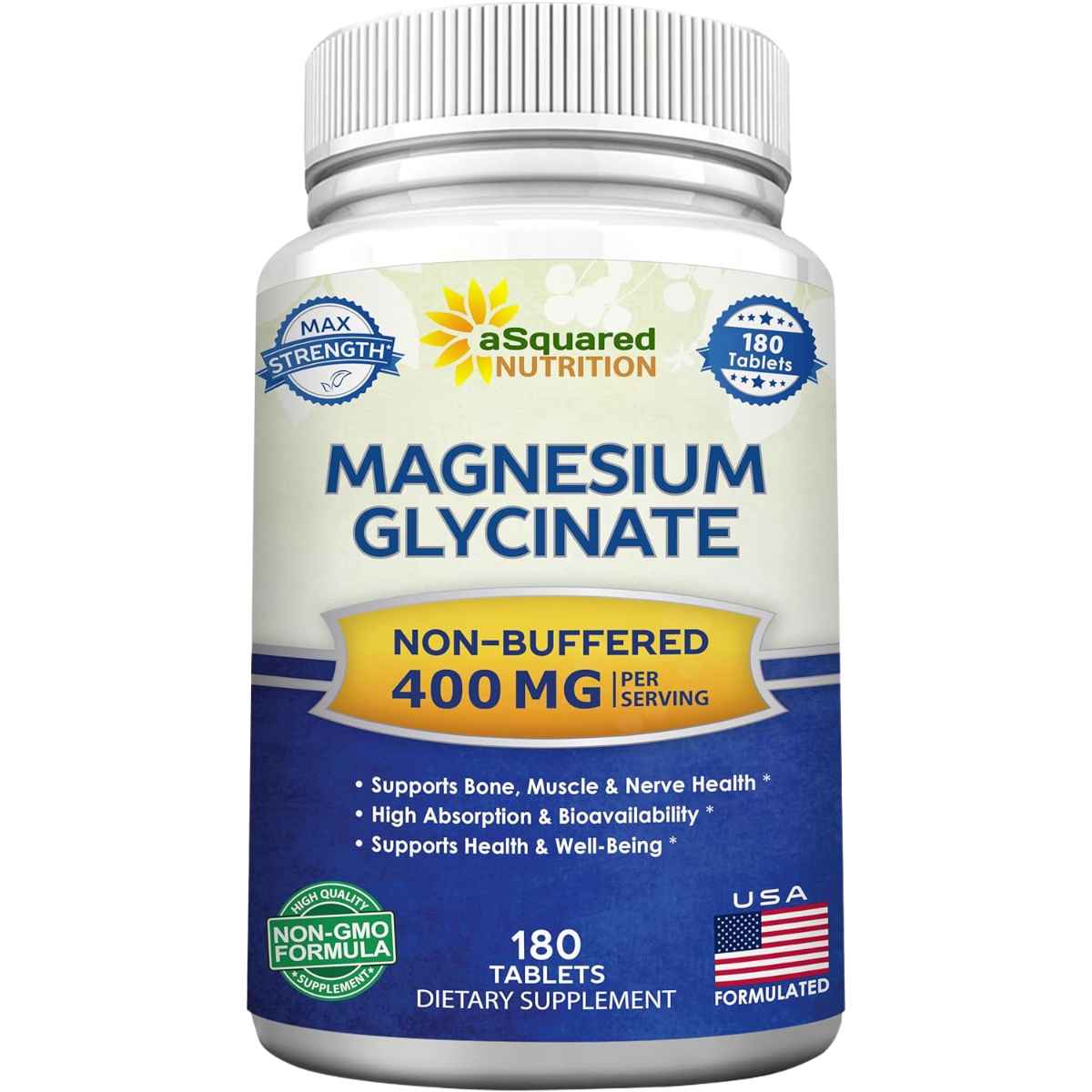 Frasco de aSquared Nutrition glicinato de magnesio 400 mg con 180 tabletas