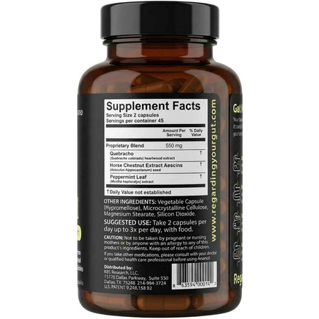 Etiqueta posterior de Atrantil con información del suplemento, ingredientes, modo de uso y advertencias