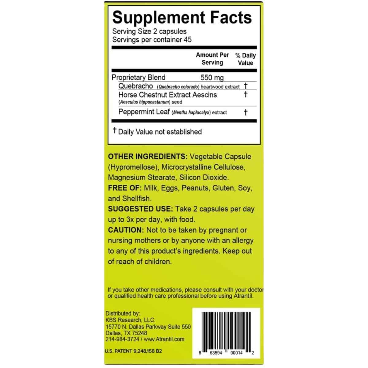 Tabla nutricional del suplemento Atrantil Mezcla de Quebracho, Castaño de Indias y Menta 90 cápsulas