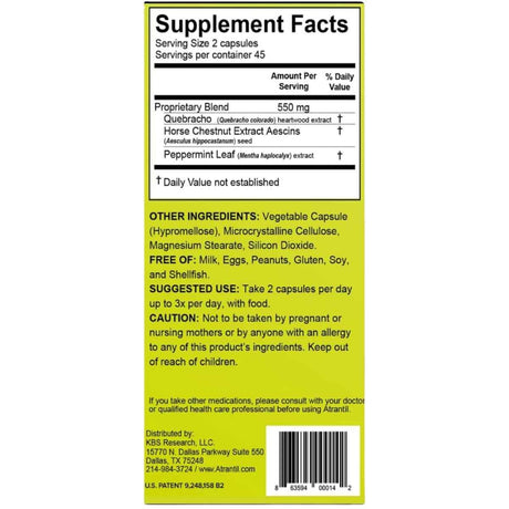 Tabla nutricional del suplemento Atrantil Mezcla de Quebracho, Castaño de Indias y Menta 90 cápsulas