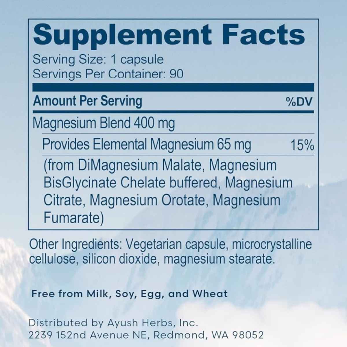 Panel de información del suplemento de Ayush Herbs SupraMag con la mezcla de magnesio de 400 mg y 65 mg de magnesio elemental por cápsula.