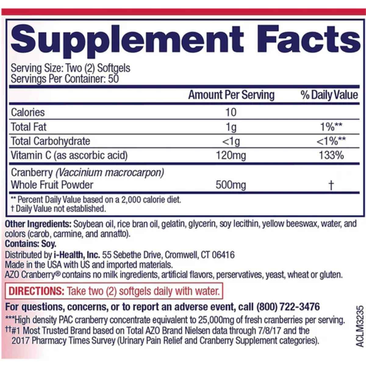 Tabla nutricional del suplemento AZO Arándano Rojo 500 mg 100 Cápsulas blandas