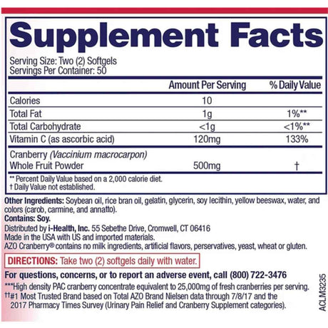 Tabla nutricional del suplemento AZO Arándano Rojo 500 mg 100 Cápsulas blandas