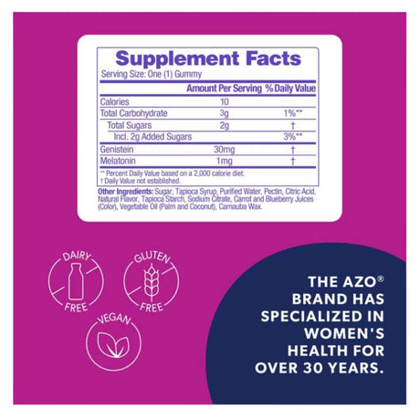 Panel del suplemento AZO con genisteína 30 mg y melatonina 1 mg por gomita.