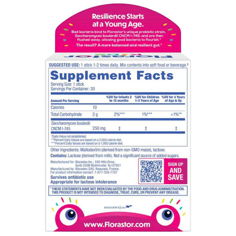 Florastor Suplemento Probiótico Doble Acción para Niños - 30 Tubitos - Tabla Nutricional - Haz Tu Pedido